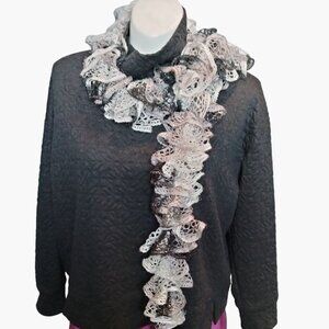 Handmade Black White Scarf Ruffled Crochet Lace 4x80